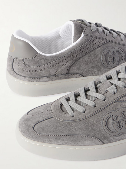Men's Gucci G75 Logo-Appliquéd Leather-Trimmed Suede Grey Suede Sneakers