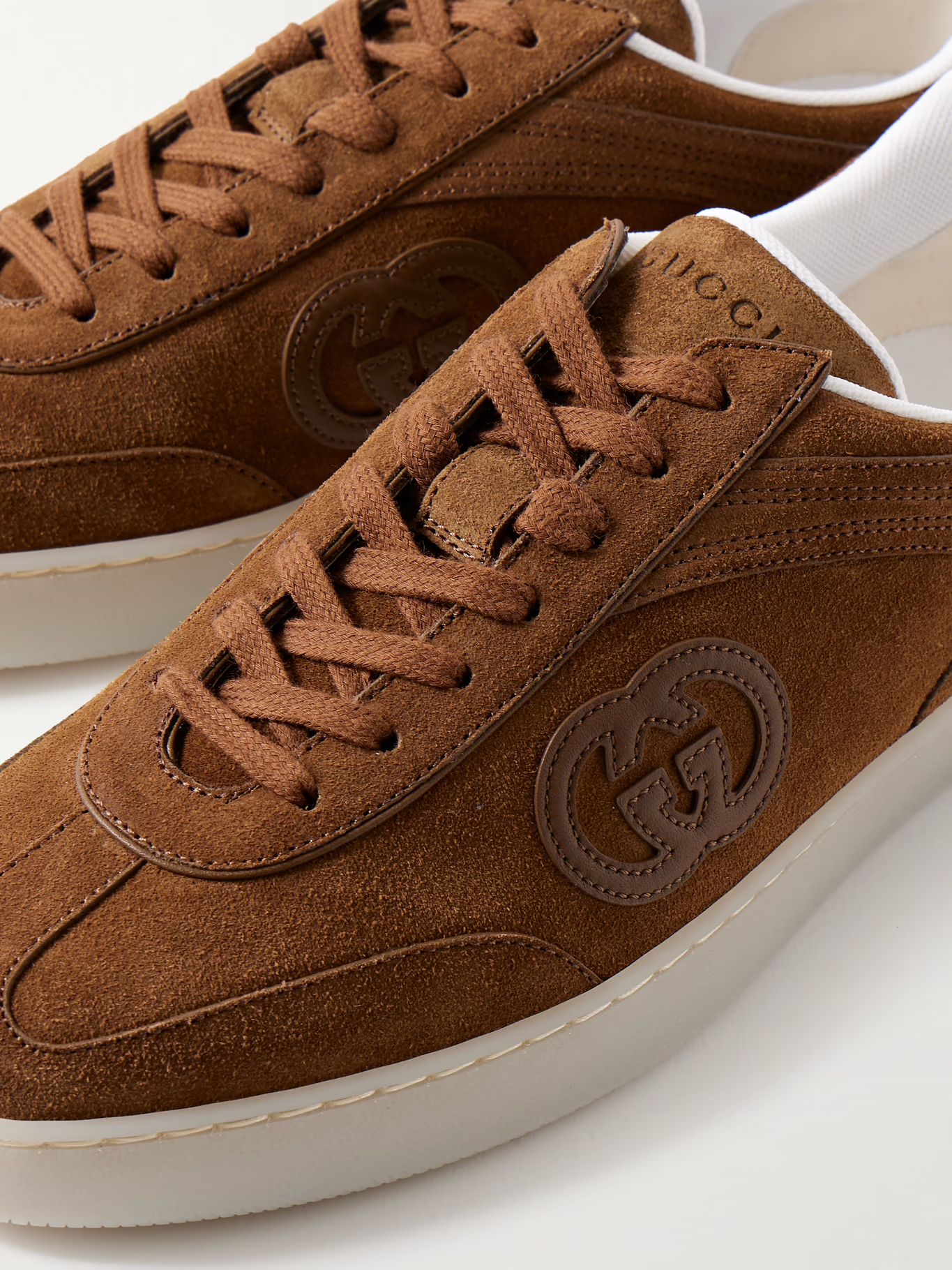 Men's Gucci G75 Logo-Appliquéd Leather-Trimmed Suede Light Brown Suede Sneakers