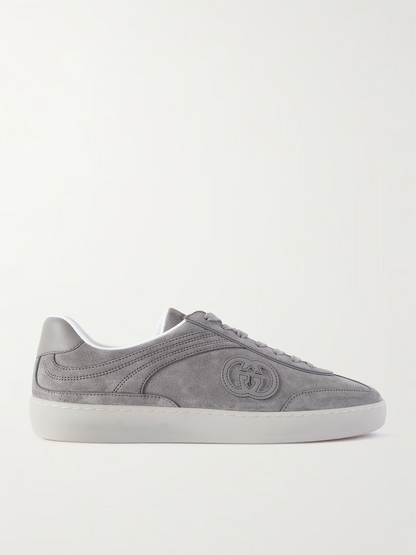Men's Gucci G75 Logo-Appliquéd Leather-Trimmed Suede Grey Suede Sneakers