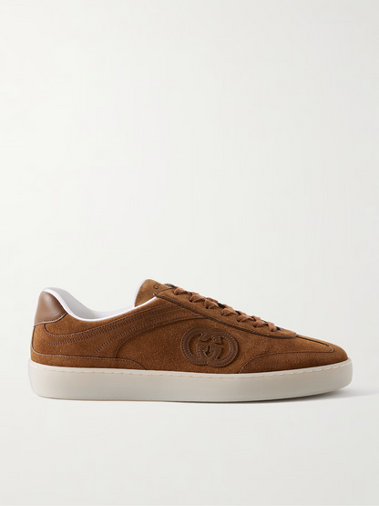 Men's Gucci G75 Logo-Appliquéd Leather-Trimmed Suede Light Brown Suede Sneakers