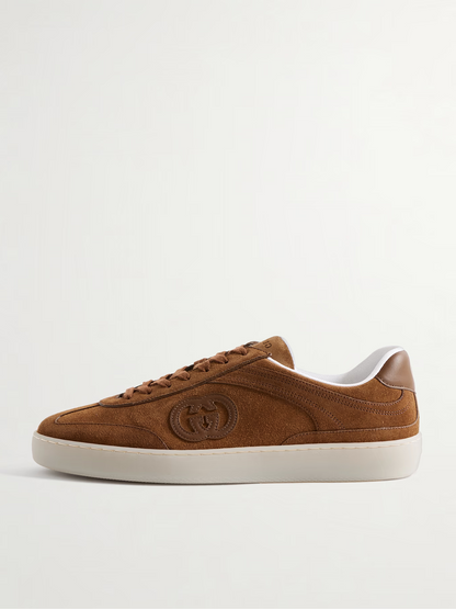 Men's Gucci G75 Logo-Appliquéd Leather-Trimmed Suede Light Brown Suede Sneakers